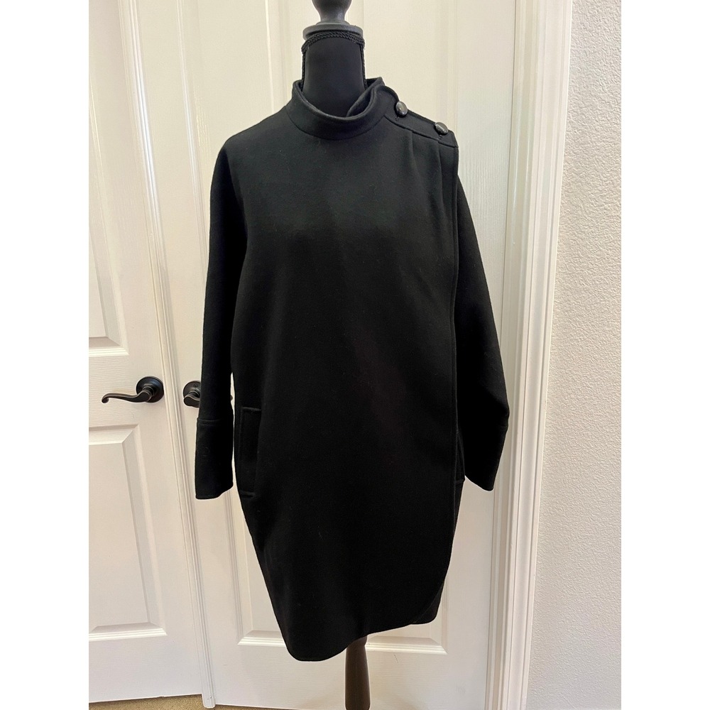 Vtg Ferncroft Black Wool Cocoon Coat Mock Neck‎ Asymmetrical Shoulder Button M